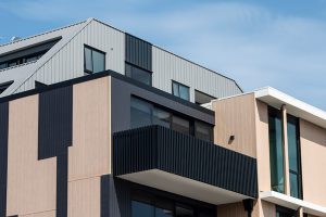 Nailstrip cladding in Colorbond Steel, Metallic Rhea, Metallic Astro and Metallic Celestian at MADE Apartments, Richmond,...